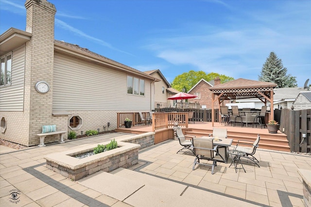 3242 W 108th Pl, Chicago, IL 60655 - view of patio featuring a gazebo, an outdoor fire pit, outdoor dining space, and a wooden deck