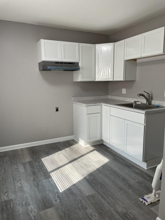 1389 Monomoy St Unit B2, Aurora, IL 60506 - kitchen featuring under cabinet range hood, dark wood-type flooring, and white cabinets