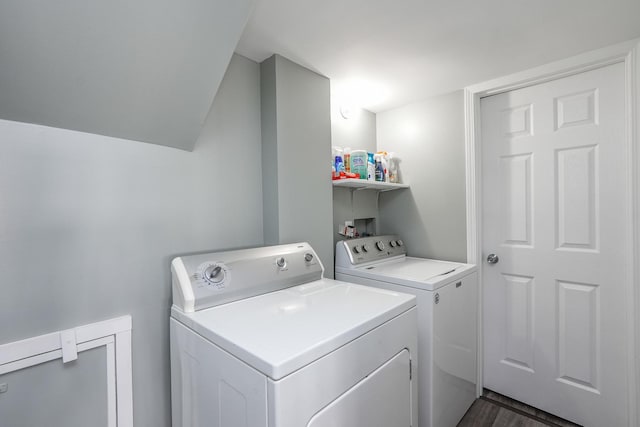 350 Kathy Dr, Bourbonnais, IL 60914 - laundry area featuring separate washer and dryer and dark wood-style floors