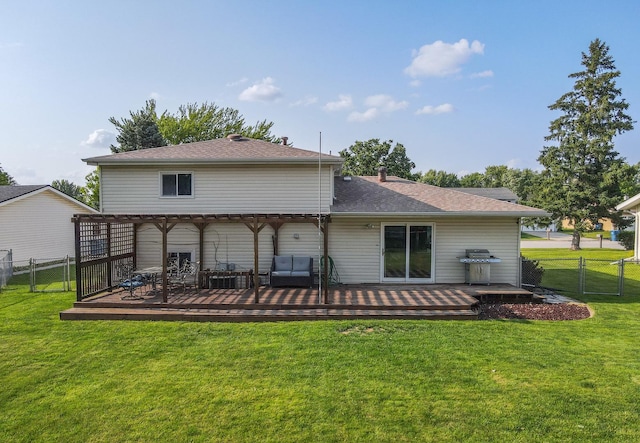 350 Kathy Dr, Bourbonnais, IL 60914 - rear view of house with a wooden deck, a pergola, a gate, and an outdoor hangout area