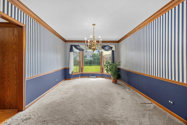 1364 Yorkshire Ln, Carol Stream, IL 60188 - empty room with a chandelier, crown molding, carpet flooring, and wallpapered walls