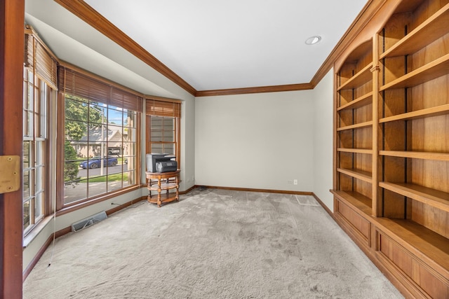1364 Yorkshire Ln, Carol Stream, IL 60188 - unfurnished room with carpet floors, crown molding, and built in shelves