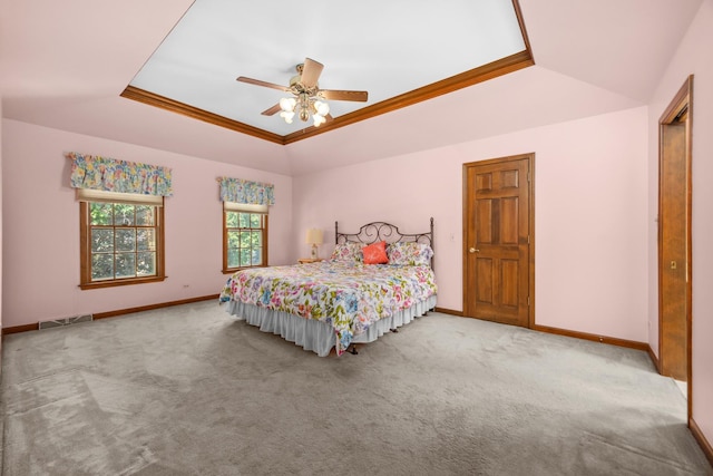 1364 Yorkshire Ln, Carol Stream, IL 60188 - bedroom with a tray ceiling, carpet floors, ornamental molding, ceiling fan, and lofted ceiling