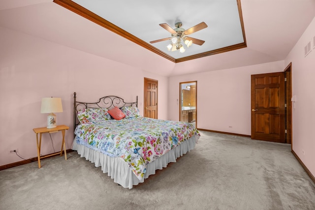 1364 Yorkshire Ln, Carol Stream, IL 60188 - carpeted bedroom featuring a raised ceiling, crown molding, ceiling fan, and ensuite bathroom
