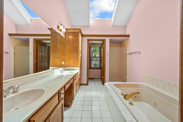1364 Yorkshire Ln, Carol Stream, IL 60188 - bathroom featuring a skylight, a jetted tub, double vanity, tile patterned floors, and a shower
