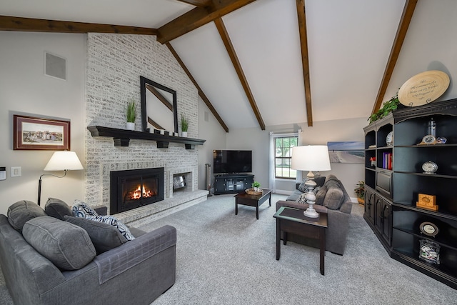 833 Manassas Ct, Naperville, IL 60540 - living area with carpet, beamed ceiling, a brick fireplace, and high vaulted ceiling