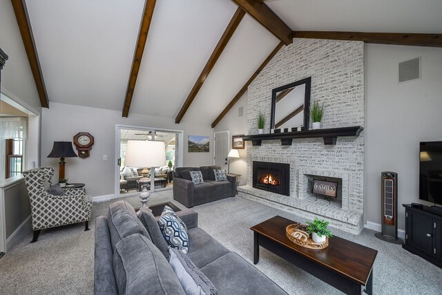 833 Manassas Ct, Naperville, IL 60540 - living room with carpet flooring, a brick fireplace, healthy amount of natural light, beam ceiling, and high vaulted ceiling