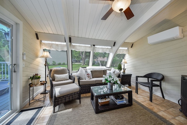 833 Manassas Ct, Naperville, IL 60540 - sunroom / solarium featuring a wall mounted AC, beamed ceiling, ceiling fan, and an outdoor hangout area