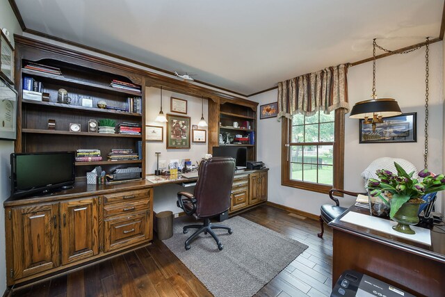 833 Manassas Ct, Naperville, IL 60540 - office with built in study area, dark wood-type flooring, and ornamental molding