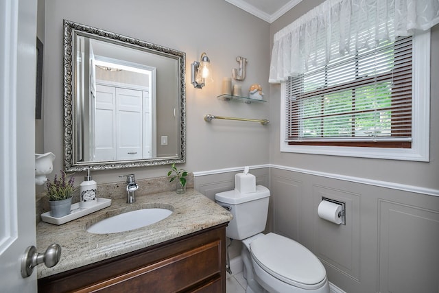 833 Manassas Ct, Naperville, IL 60540 - bathroom with crown molding, vanity, a wainscoted wall, and a decorative wall
