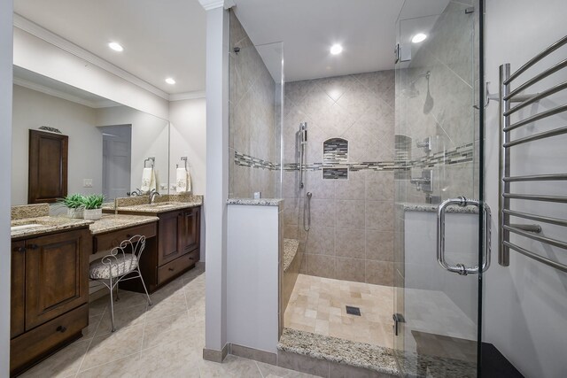 833 Manassas Ct, Naperville, IL 60540 - full bathroom featuring crown molding, vanity, a stall shower, tile patterned floors, and a towel warmer
