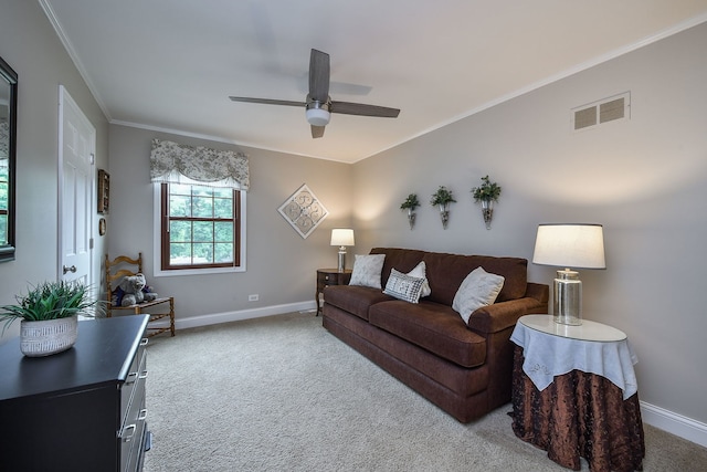 833 Manassas Ct, Naperville, IL 60540 - living area featuring carpet flooring, ornamental molding, and ceiling fan