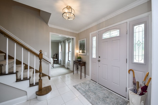 833 Manassas Ct, Naperville, IL 60540 - foyer entrance featuring stairway, ornamental molding, light carpet, a chandelier, and light tile patterned flooring