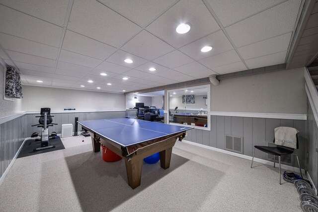833 Manassas Ct, Naperville, IL 60540 - playroom featuring carpet, a wainscoted wall, recessed lighting, and a drop ceiling