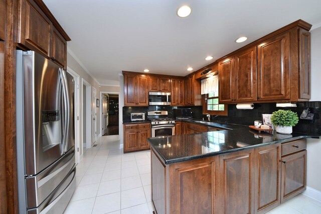 833 Manassas Ct, Naperville, IL 60540 - kitchen with stainless steel appliances, tasteful backsplash, recessed lighting, a peninsula, and light tile patterned floors