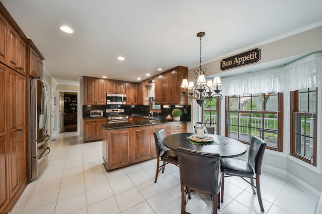 833 Manassas Ct, Naperville, IL 60540 - dining space featuring a chandelier, crown molding, light tile patterned floors, and recessed lighting
