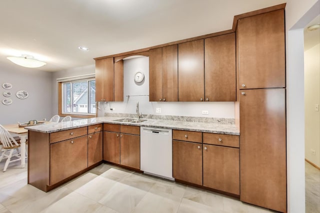 539 S Evergreen Ave, Arlington Heights, IL 60005 - kitchen featuring dishwasher, a peninsula, brown cabinetry, light stone counters, and recessed lighting