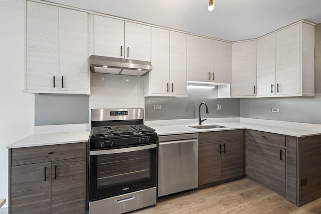 2000 Bayside Dr Unit 204, Palatine, IL 60074 - kitchen featuring appliances with stainless steel finishes, under cabinet range hood, light countertops, and light wood-style flooring