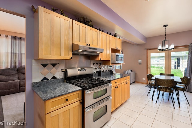 6158 W 60th St, Chicago, IL 60638 - kitchen featuring appliances with stainless steel finishes, under cabinet range hood, light brown cabinets, tasteful backsplash, and a chandelier