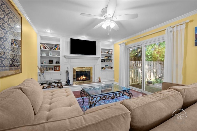 1519 Wedgefield Cir, Naperville, IL 60563 - living area featuring ornamental molding, a fireplace, a ceiling fan, and built in features