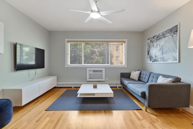 1107 Washington Blvd Unit 2E, Oak Park, IL 60302 - living room featuring wood finished floors, a wall mounted AC, and a ceiling fan