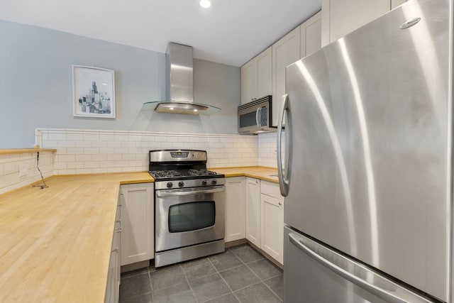 1107 Washington Blvd Unit 2E, Oak Park, IL 60302 - kitchen with appliances with stainless steel finishes, wooden counters, wall chimney exhaust hood, decorative backsplash, and white cabinets