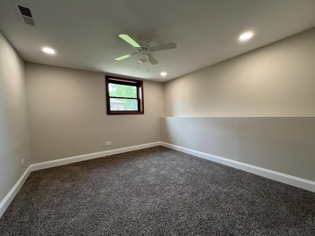 6047 Elm Ln, Matteson, IL 60443 - unfurnished room featuring a ceiling fan, dark colored carpet, baseboards, and recessed lighting
