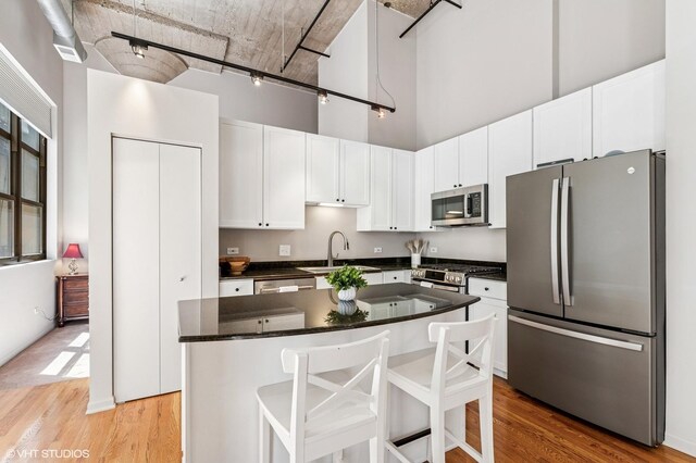 758 N Larrabee St Unit 427, Chicago, IL 60654 - kitchen featuring appliances with stainless steel finishes, a sink, a high ceiling, light wood-style floors, and white cabinets