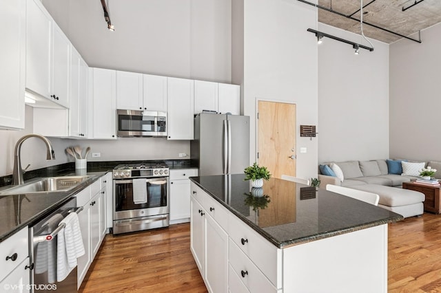 758 N Larrabee St Unit 427, Chicago, IL 60654 - kitchen with appliances with stainless steel finishes, a sink, track lighting, light wood-style floors, and a kitchen island