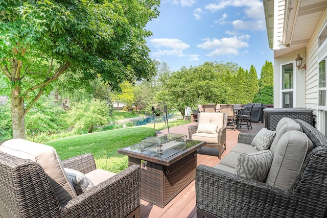 407 Anthony Ct, Oswego, IL 60543 - deck featuring an outdoor hangout area, a lawn, area for grilling, and outdoor dining space