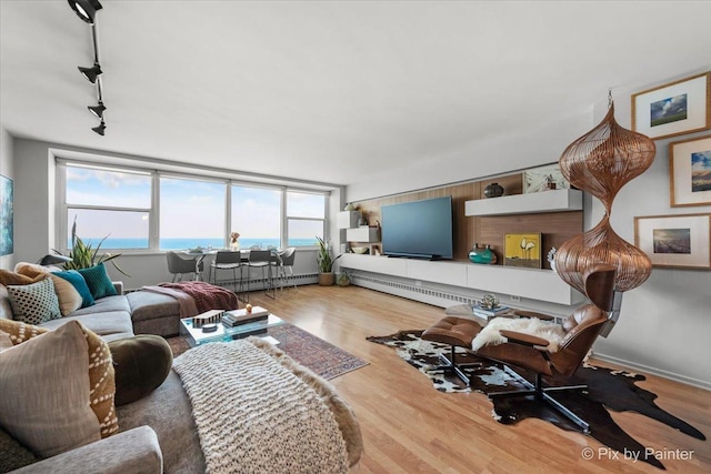 1150 N Lake Shore Dr Unit 19A, Chicago, IL 60611 - living room featuring rail lighting, wood finished floors, and baseboard heating