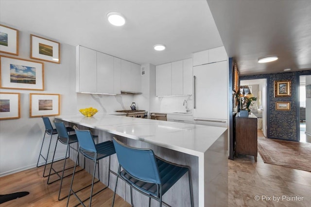 1150 N Lake Shore Dr Unit 19A, Chicago, IL 60611 - kitchen with a peninsula, white cabinets, light countertops, and a breakfast bar