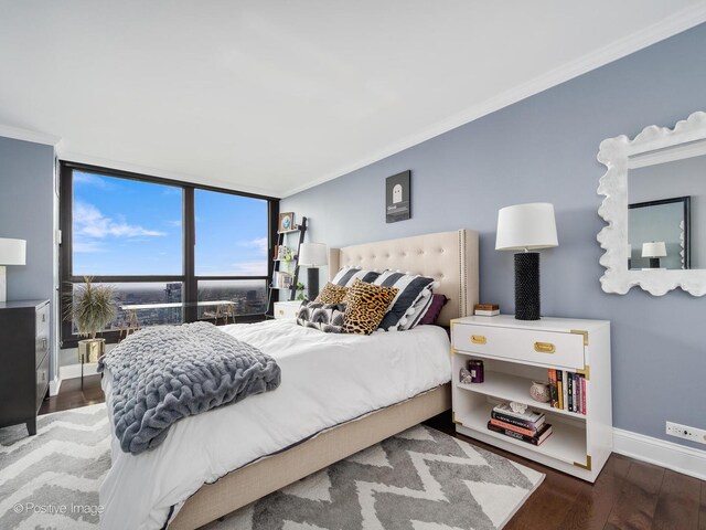1030 N State St Unit 44L, Chicago, IL 60610 - bedroom with wood finished floors, baseboards, ornamental molding, and a wall of windows
