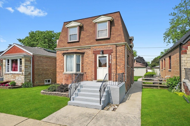 9316 S Utica Ave, Evergreen Park, IL 60805 - view of front of house with mansard roof, brick siding, a front lawn, and roof with shingles