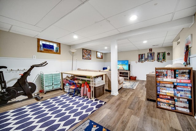 18625 Lexington Ave, Homewood, IL 60430 - playroom featuring wood finished floors, a drop ceiling, and wainscoting