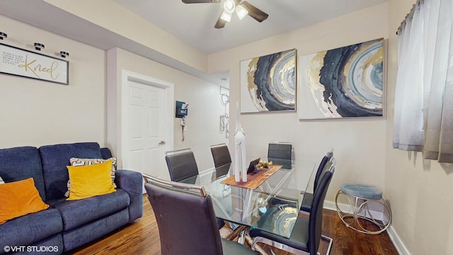 4338 W Adams St, Chicago, IL 60624 - dining space with wood finished floors, a ceiling fan, and baseboards