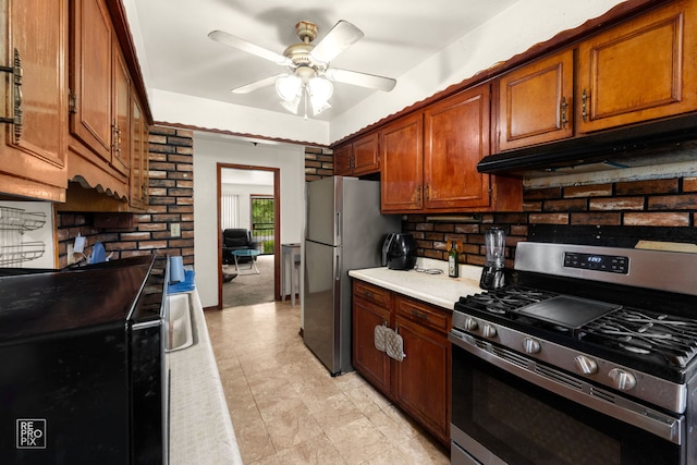 754 E 158th St, South Holland, IL 60473 - kitchen featuring appliances with stainless steel finishes, under cabinet range hood, ceiling fan, light countertops, and backsplash