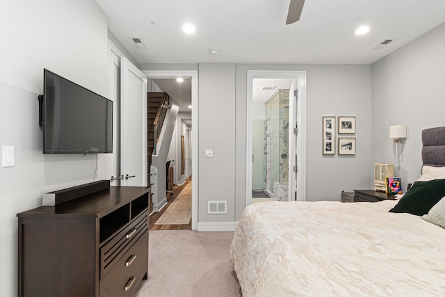 1410 N Greenview Ave Unit 1, Chicago, IL 60642 - bedroom featuring light carpet, recessed lighting, a ceiling fan, and ensuite bath