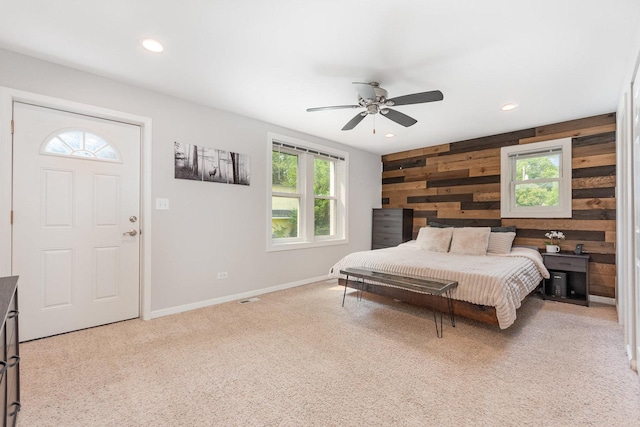 1237 Fox River Dr, Algonquin, IL 60102 - bedroom featuring multiple windows, wood walls, carpet, recessed lighting, and ceiling fan