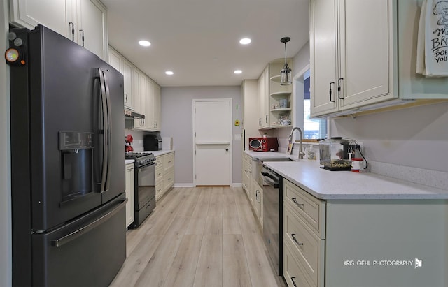 38159 N Geraghty Ave, Beach Park, IL 60087 - kitchen featuring refrigerator with ice dispenser, black gas stove, stainless steel dishwasher, light wood-style floors, and recessed lighting
