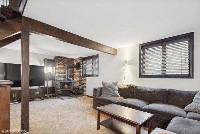 1720 W 54th Pl, La Grange Highlands, IL 60525 - carpeted living area with a wood stove and beamed ceiling