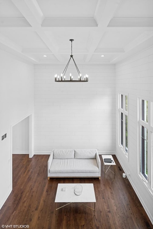 16 W Birchwood Ave, Hinsdale, IL 60521 - interior space featuring a chandelier, coffered ceiling, baseboards, dark wood-style floors, and beamed ceiling