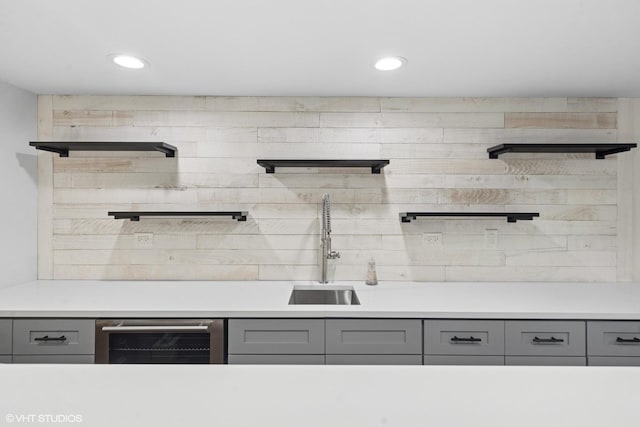 16 W Birchwood Ave, Hinsdale, IL 60521 - kitchen featuring gray cabinets, a sink, wine cooler, open shelves, and light countertops