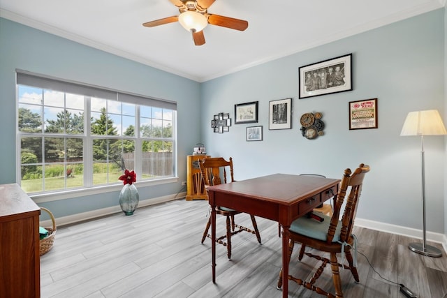 12820 Tipperary Ln, Plainfield, IL 60585 - dining room with ceiling fan, ornamental molding, an office area, and light wood-type flooring