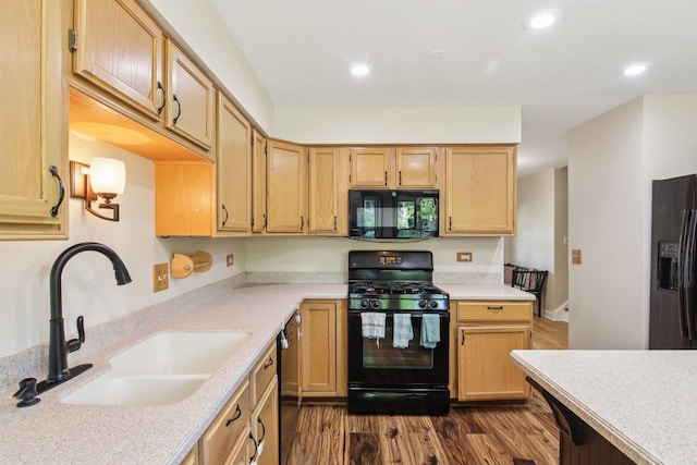 3760 N Alder Dr, Hoffman Estates, IL 60192 - kitchen featuring black appliances, light countertops, dark wood-style flooring, recessed lighting, and light brown cabinetry