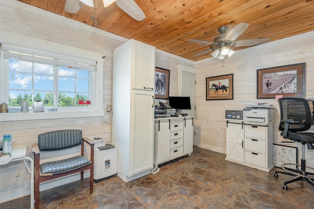 5284 Harvey Rd, Caledonia, IL 61011 - office area with a ceiling fan, wooden walls, and wood ceiling
