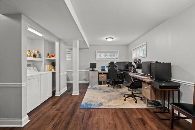 427 Cedarcrest Dr, Streamwood, IL 60107 - home office with washing machine and dryer, wood finished floors, and baseboards