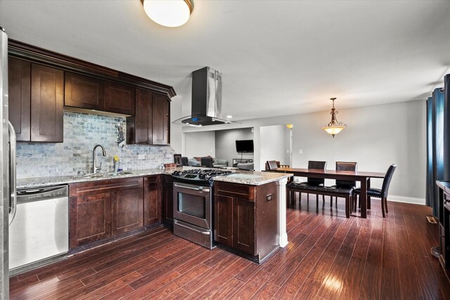 427 Cedarcrest Dr, Streamwood, IL 60107 - kitchen with stainless steel appliances, range hood, a sink, dark wood-type flooring, and dark brown cabinetry
