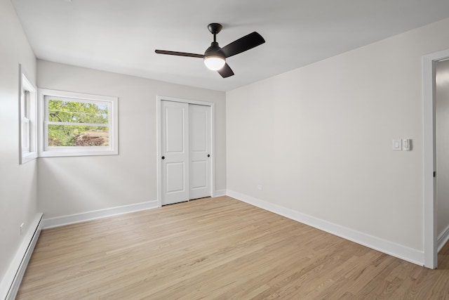 1308 Frances Pkwy, Park Ridge, IL 60068 - unfurnished bedroom with a baseboard heating unit, light wood-type flooring, baseboards, ceiling fan, and a closet