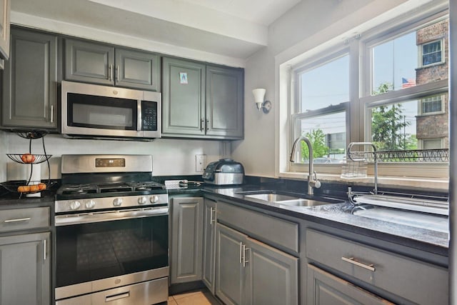 2142 W Rosemont Ave Unit 1A, Chicago, IL 60659 - kitchen featuring appliances with stainless steel finishes, gray cabinetry, and light tile patterned flooring